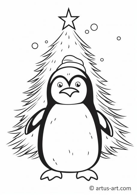 Раскраска с пингвином и новогодней елкой